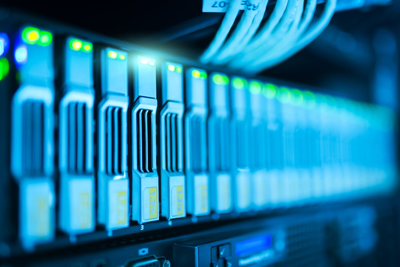 digital Detailed image of a server rack with glowing lights in a modern data center.